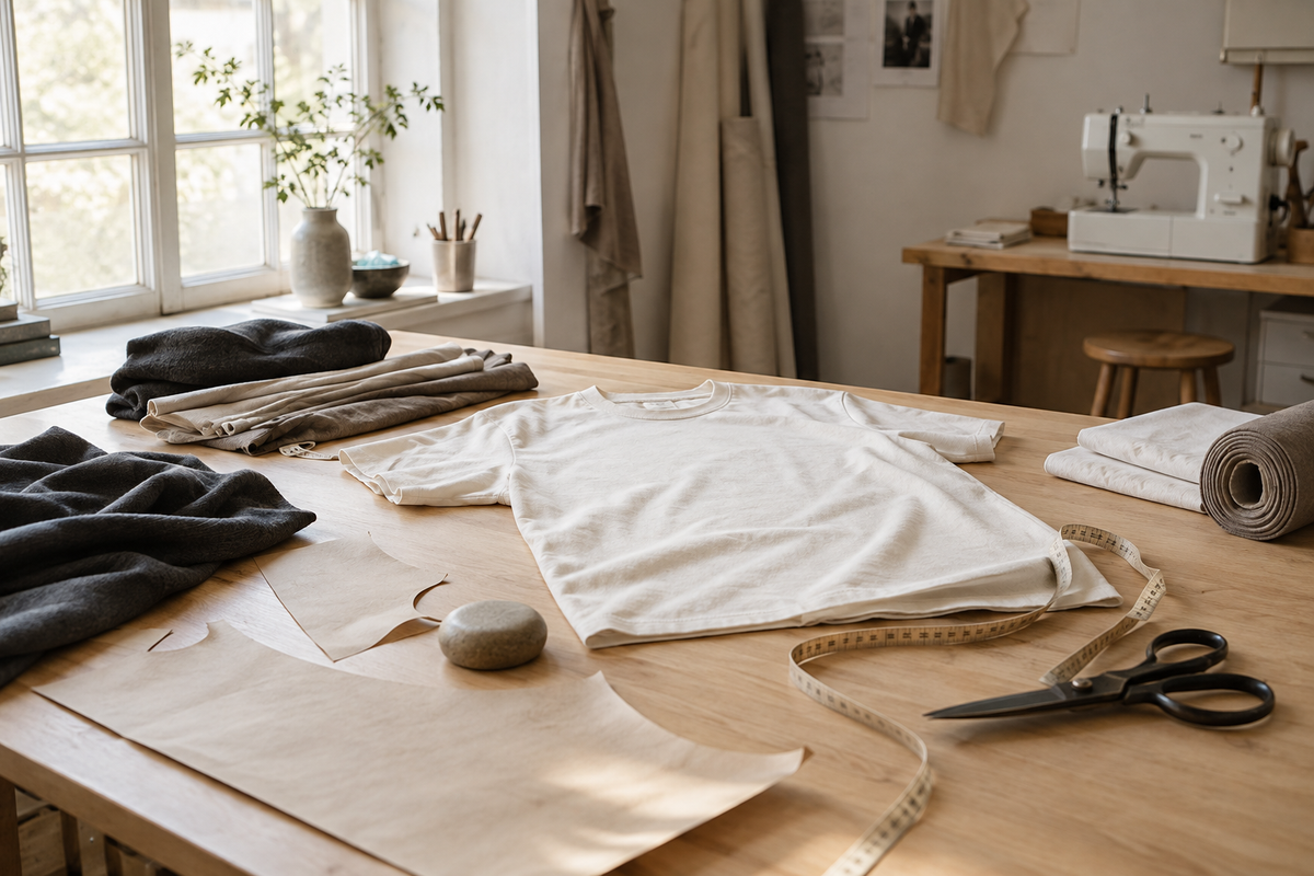 Een werktafel in het zonlicht met een ivoorkleurig T-shirt, stof en naaigereedschap.