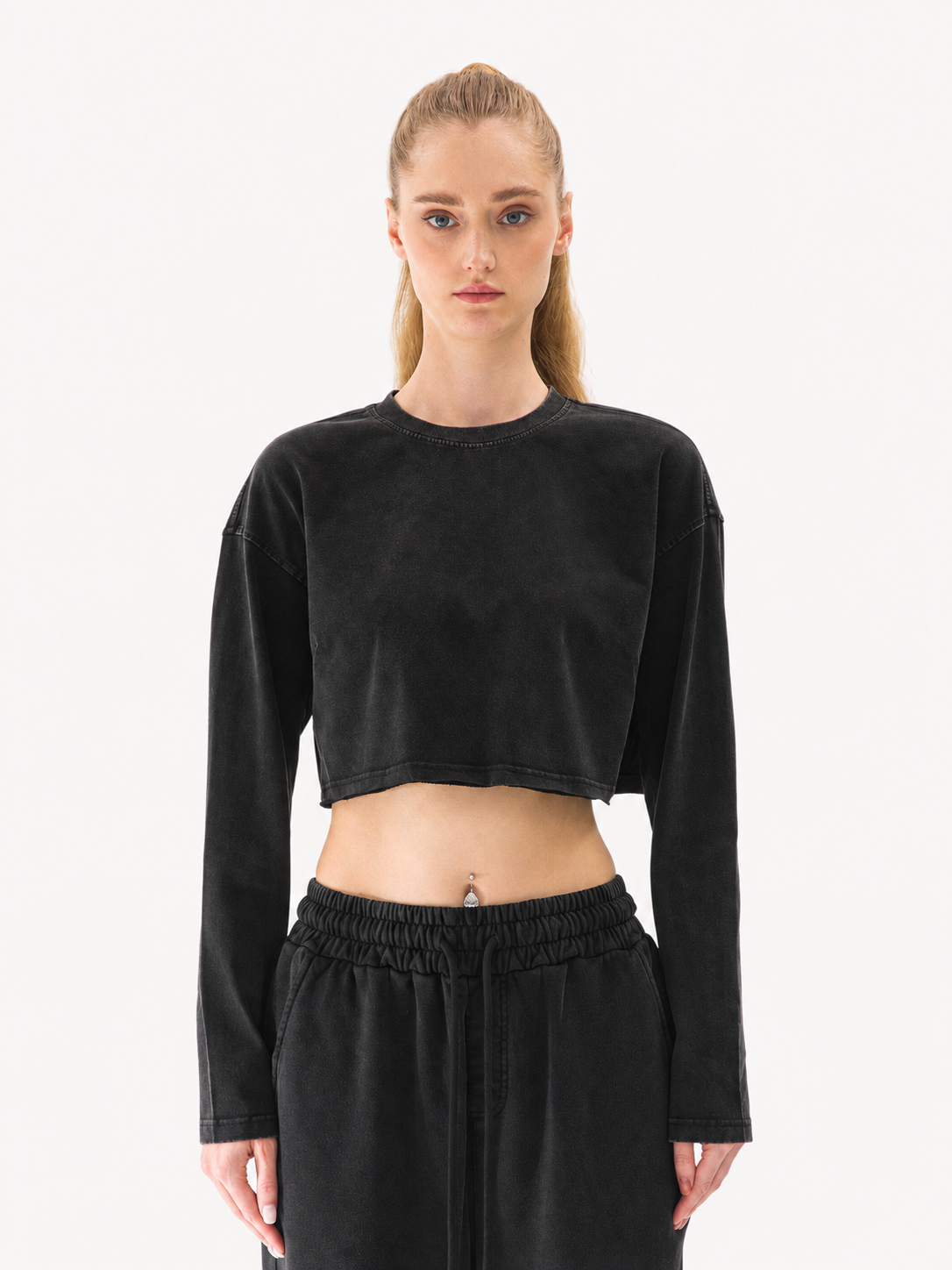 260GSM Women's Raw Hem Long Sleeve Crop Top
