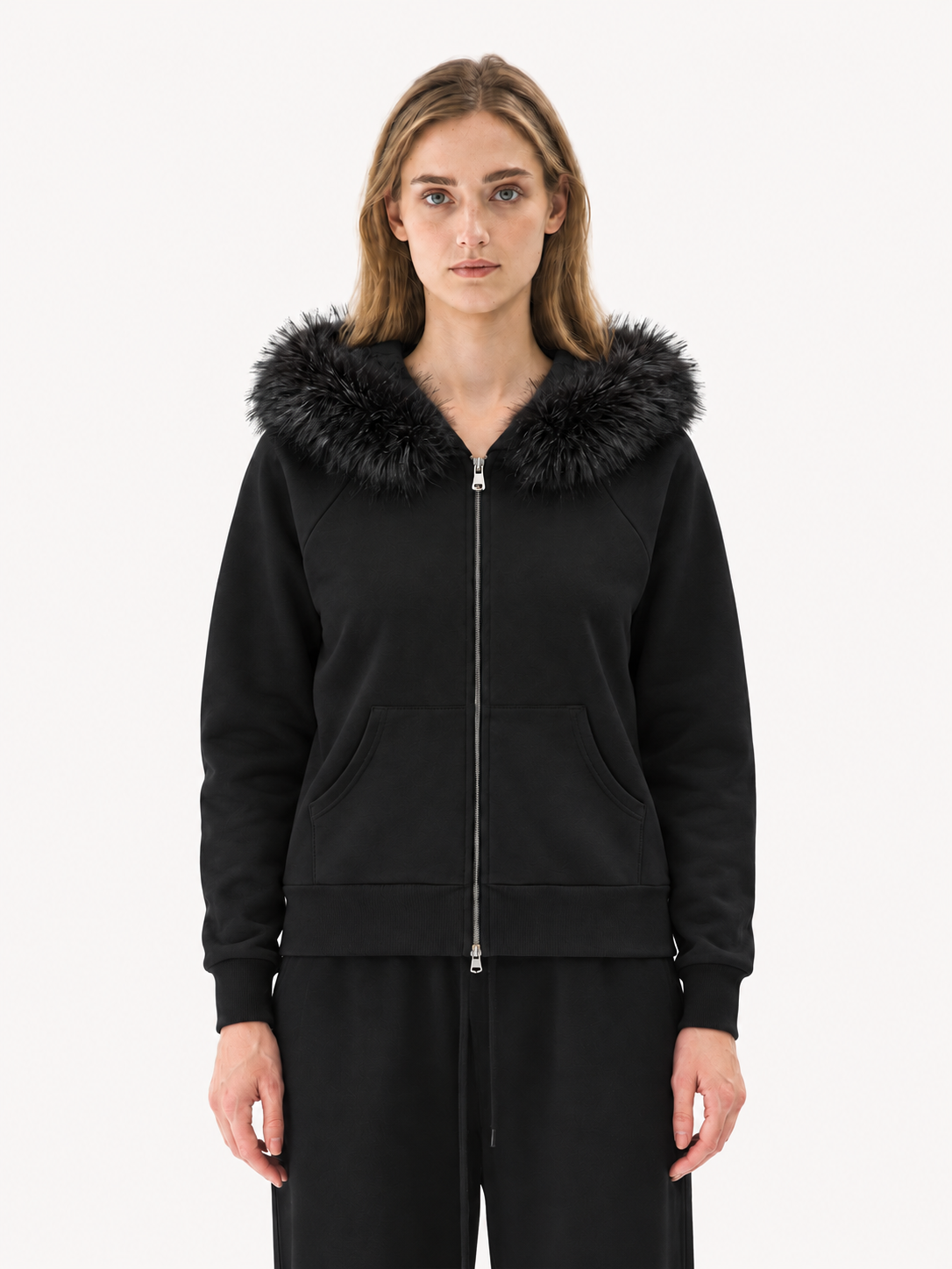 380GSM Women's Faux Fur Trim Full-Zip Hoodie