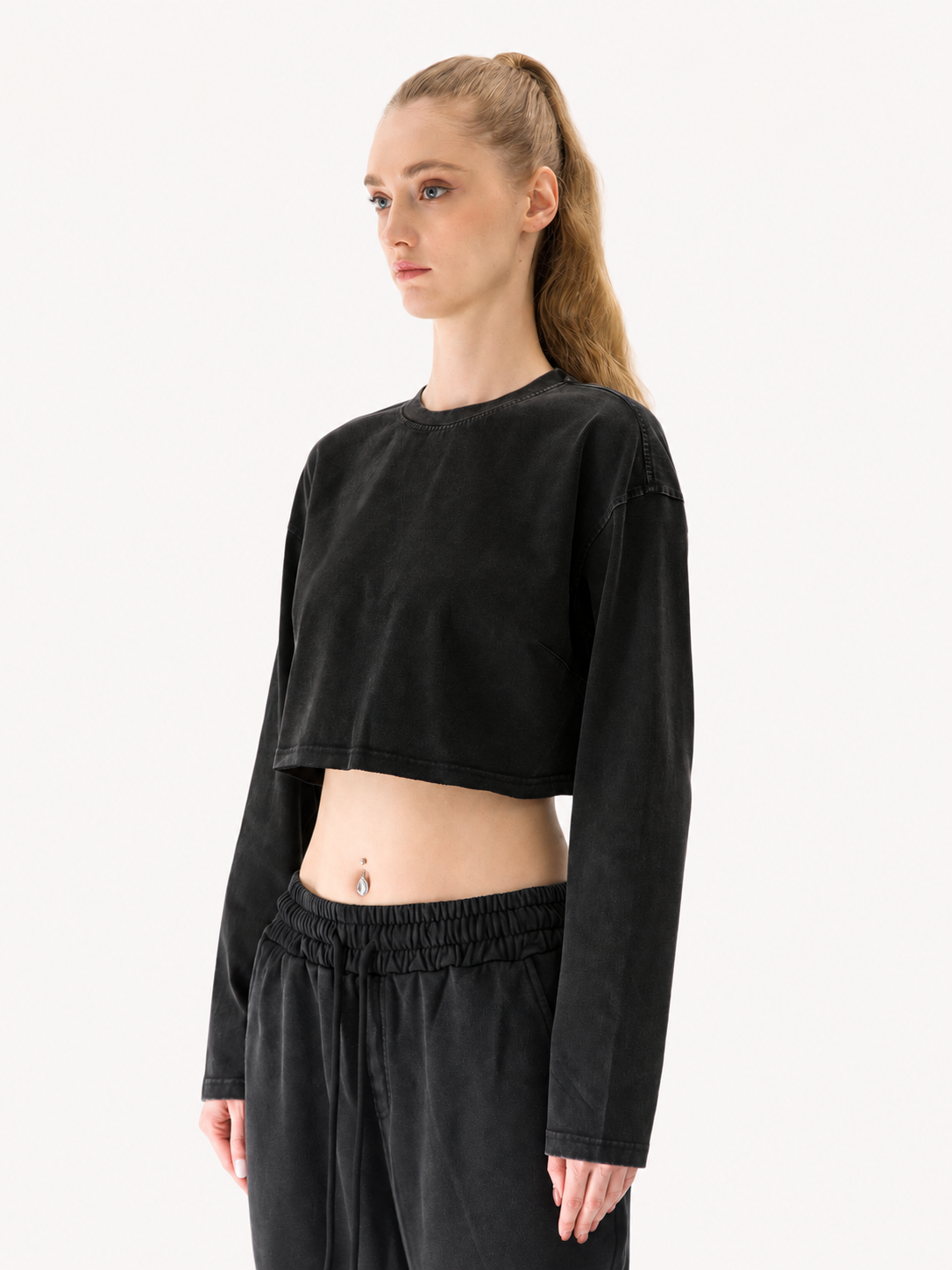 260GSM Women's Raw Hem Long Sleeve Crop Top