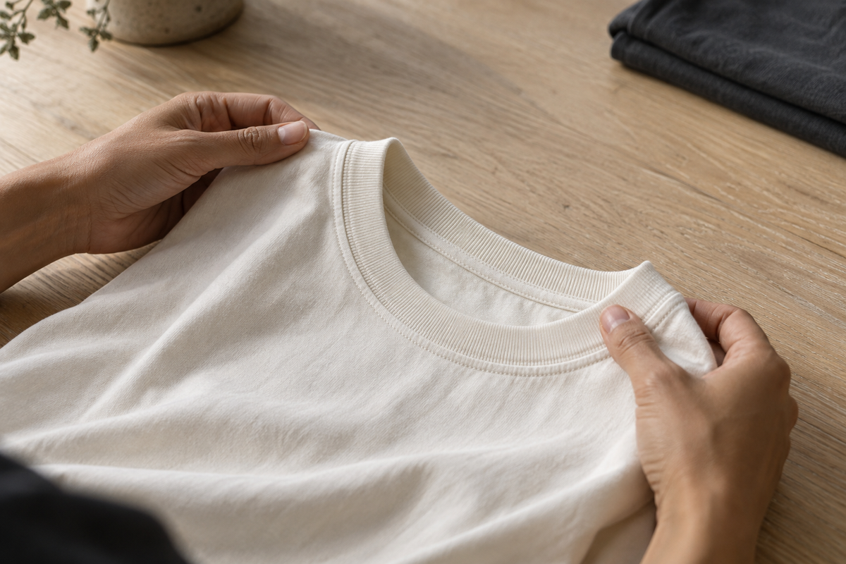 Handen die de hals van een ivoorkleurig T-shirt vasthouden.
