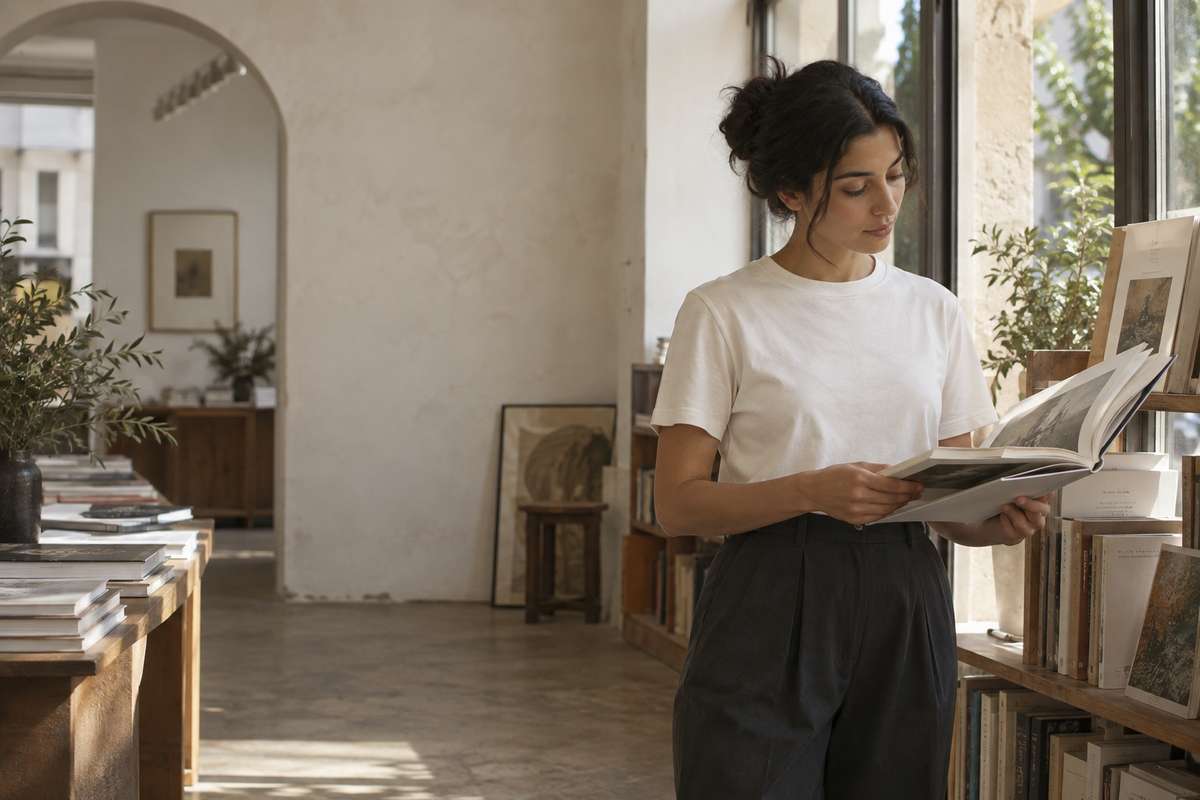 Editorial scene of a woman reading an art book beside a window.